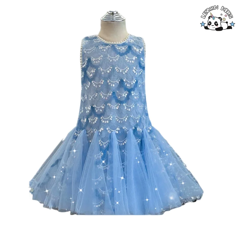 LEZONKIDS - Customizable New Summer Children's Party Sleeveless Sequined Mesh Dress Multi-layer Girls Dresses